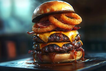 Grilled barbecue burger with a smoky sauce, cheddar cheese, onion rings, and crispy beef stacked high