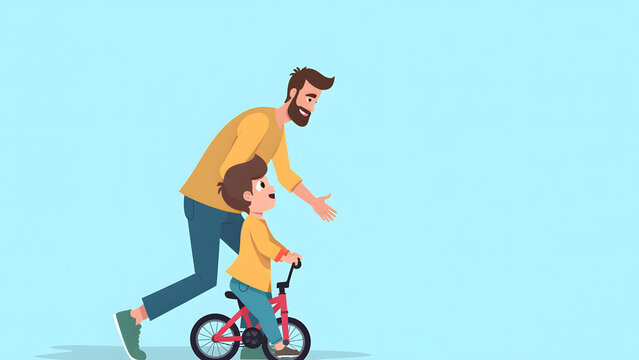 Child learning to ride bicycle with father helping and encouraging child in blue background illustration
