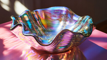 Colorful glass bowl reflecting light creates an artistic display in a bright room