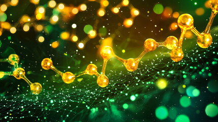 Molecular structure illuminated with glowing particles in a vibrant digital environment
