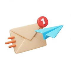 3d render of email with notification and paper airplane isolated on white background