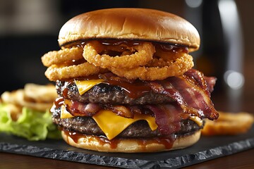 Grilled barbecue burger with a smoky sauce, cheddar cheese, onion rings, and crispy beef stacked high