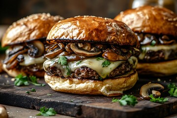 Hearty mushroom and Swiss cheese burger with a juicy beef patty, caramelized onions, and a toasted brioche bun