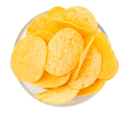 Tasty chips in bowl isolated on white, top view