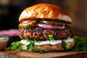 Irresistible slider burger with a mini beef patty, creamy sauce, lettuce, and pickles, served in a bite-sized bun
