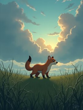 Marten exploring a grassy field under a cloudy sky at dusk