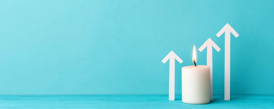 Rising candle with upward arrows symbolizing growth and success in business context minimalist setup blue background