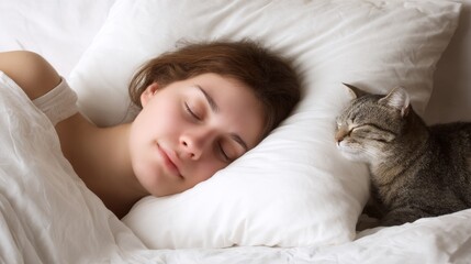 Peaceful sleep with cat companion cozy bedroom lifestyle image intimate setting close-up view comfort and bonding