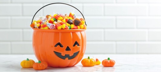 The cheerful Halloween pumpkin bucket filled with colorful candy and treats.