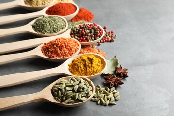 Many different spices in spoons on grey table, closeup