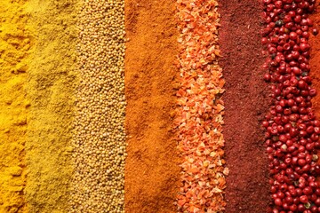 Many different spices as background, top view