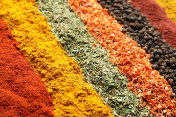 Many different spices as background, closeup view