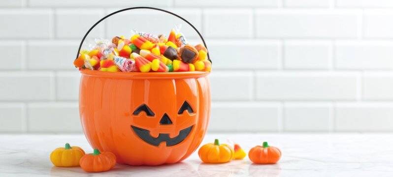 The cheerful Halloween pumpkin bucket filled with colorful candy and treats. - Powered by Adobe