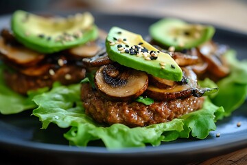 Keto-friendly burger with a lettuce wrap instead of a bun, a juicy beef patty, avocado, and grilled mushrooms