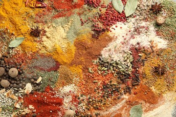 Different aromatic spices on grey table, top view