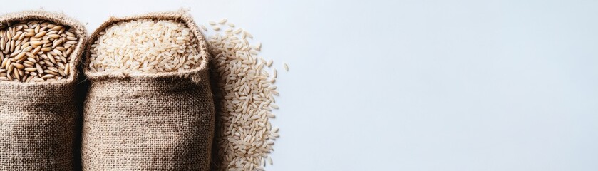 Oat and Rice Grains in Burlap Sacks, Grain, Cereal