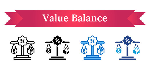 Obraz premium Value Balance Multi Style Icon - Scale balancing money and a box under a percentage, representing cost-efficiency and value evaluation