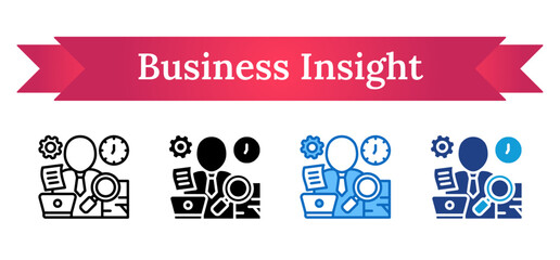 Business Insight Multi Style Icon - Business person surrounded by documents, clock, and magnifier, representing time-efficient decision-making