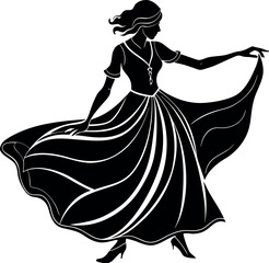 Silhouette of woman spinning with long dress on white background