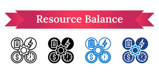 Resource Balance Multi Style Icon - Gear linked to money, energy, and time symbols showing efficient use of key resources