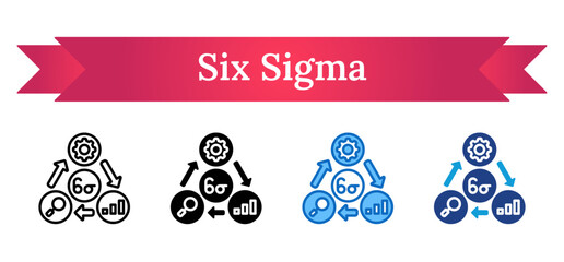 Six Sigma Multi Style Icon - Six Sigma with arrows, gear, and analysis chart showing process improvement and quality control for optimal efficiency
