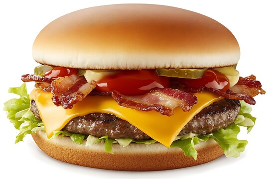 Loaded bacon cheeseburger with crispy bacon strips, melted American cheese, fresh lettuce, and ketchup - Powered by Adobe