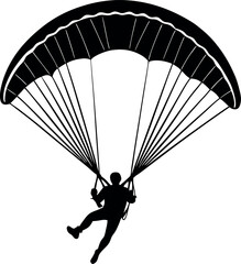 Silhouette of person paragliding in the sky on white background