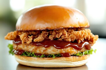 Mouthwatering BBQ chicken burger with smoky grilled chicken, tangy barbecue sauce, and crispy fried onions