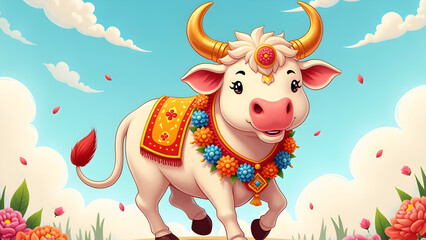 Fototapeta premium Bail Pola Festival Poster with Decorated Ox and Flower Garlands on Blue Sky Background