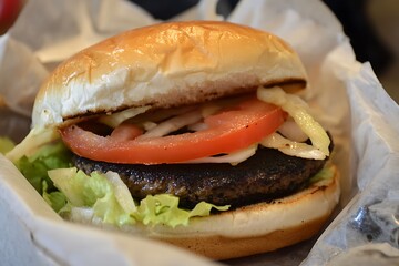 Neat veggie burger with a black bean patty, fresh tomato slices, lettuce, and a perfectly toasted whole-grain bun