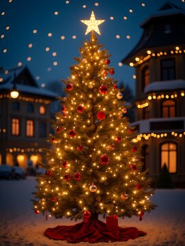 Beautifully decorated Christmas tree with lights and ornaments on a festive evening