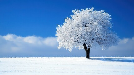 Solitary tree, frosted white, in a snowy landscape under a clear blue sky.