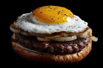 Open-faced burger with a tender beef patty, grilled onions, and a fried egg on top, served on a crispy bun