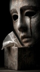A dark, textured mask with hollow eyes and a tear stands beside a wooden tissue box holding a tissue, evoking themes of sorrow and silent suffering.
