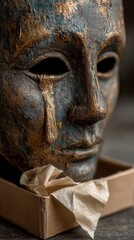A close-up of a weathered, expressive mask with a tear-like streak and a tissue in a box beneath it, evoking themes of sorrow and vulnerability.