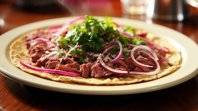 Thin, toasted tlayuda base holding tender tasajo, adorned with vibrant red onions, fresh parsley, and a sprinkle of cheese creates a flavorful mexican culinary experience