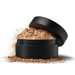 Open black container filled with loose beige cosmetic powder, some powder spilled around it on a white background.