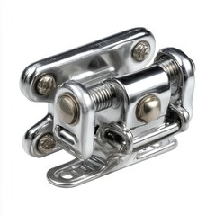 A close-up image of a shiny, silver metal toggle latch with screws, used for securing doors or panels.
