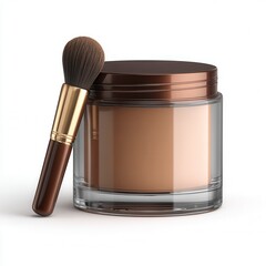 A clear jar of brown loose face powder with a makeup brush resting against it on a white background.
