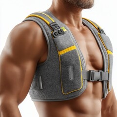 Muscular man wearing a gray and yellow weighted vest designed for fitness training and strength enhancement.