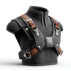 A modern, black and brown leather harness displayed on a mannequin torso, featuring metal buckles and stitched detailing.