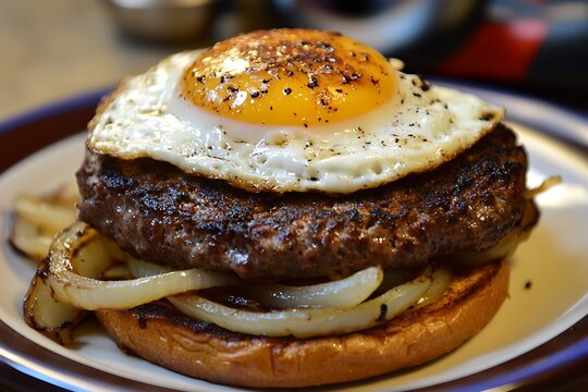 Open-faced burger with a tender beef patty, grilled onions, and a fried egg on top, served on a crispy bun
