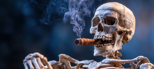 The relaxed skeleton enjoying a cigar and evoking a playful Halloween vibe.
