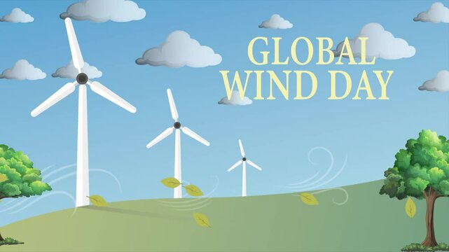 Global Wind Day celebration with wind turbines and leaves blowing