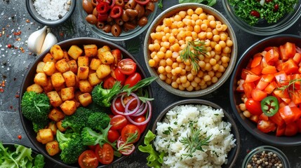 This vibrant image features a beautifully arranged spread of colorful vegetables, grains, and healthy ingredients, celebrating nutritious eating and vibrant culinary creativity.