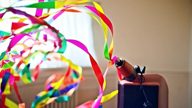 Colorful ribbons ejected from a party blower