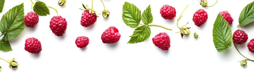 Raspberries with Green Leaves Flat Lay, Summer Berries, Food Photography Raspberries, Food Photography