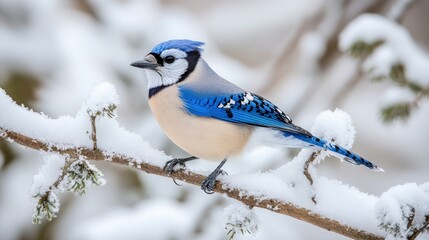 A blue jay perches on a snowy winter branch.