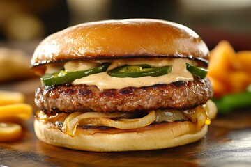 Quirky gourmet burger featuring a spicy jalapeño patty, grilled onions, cheddar cheese, and a special creamy sauce