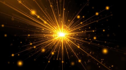 Obraz premium A central bright light emits golden beams and particles against a dark backdrop